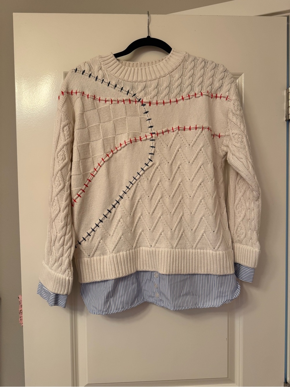 Pilcro Anthropologie Cream Cable-Knit Sweater with Contrast Stitch Detail NWT
